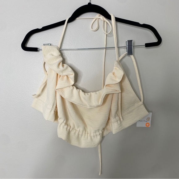 Resortwear Off-White Cream Off the Cold Shoulder Ruffle Halter Crop Top Large - Picture 2 of 7